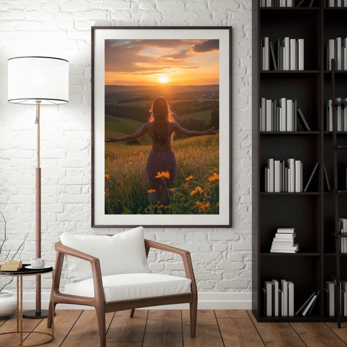 Woman in Wildflower Field Arms Open Toward Sunset Sky Poster - Image 4