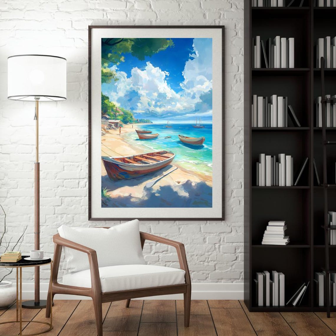 Painted Wooden Boats On Shoreline With Sailboats And Clouds Poster - Image 4