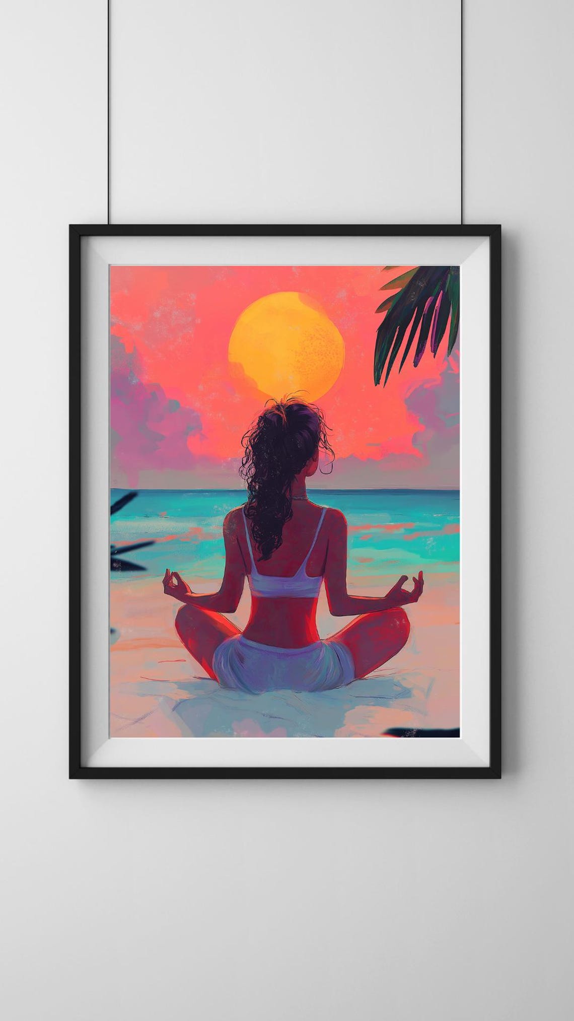 Woman Meditating Facing Giant Sunset Over Ocean Illustrated Poster