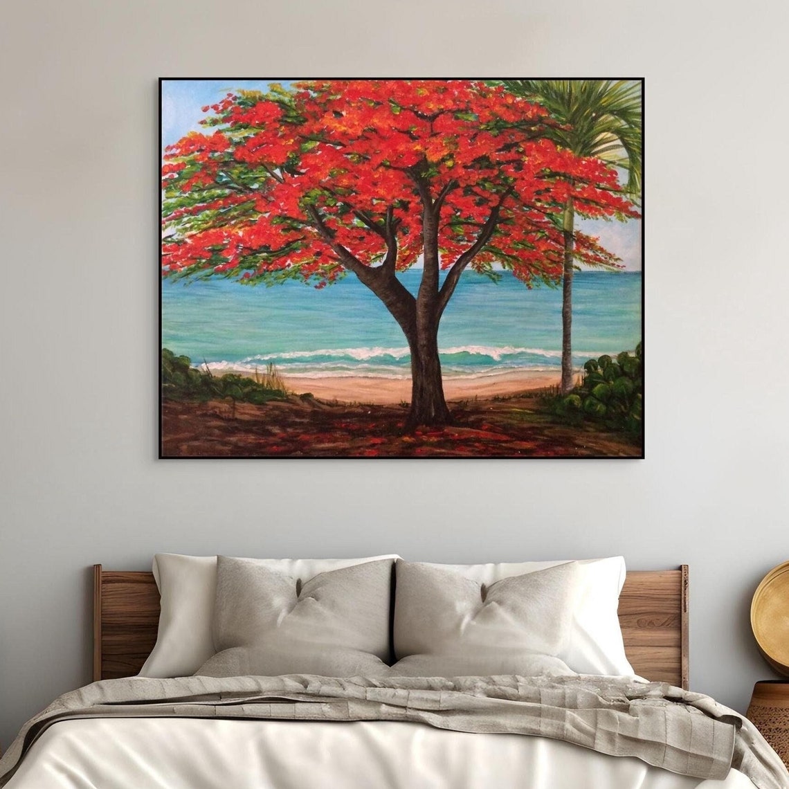 Red Flamboyant Tree Bloom Tropical Beach Ocean Scene Travel Poster - Image 3