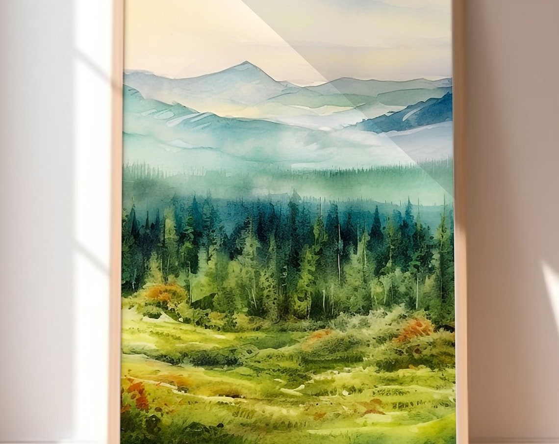 Misty Forest Valley Meadow Soft Green Watercolor Nature Wall Art