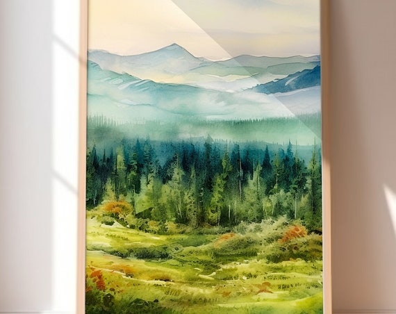 Watercolor Forest Nature Print Forest Print Landscape Art Green Print Foggy Trees Wall Art Decor