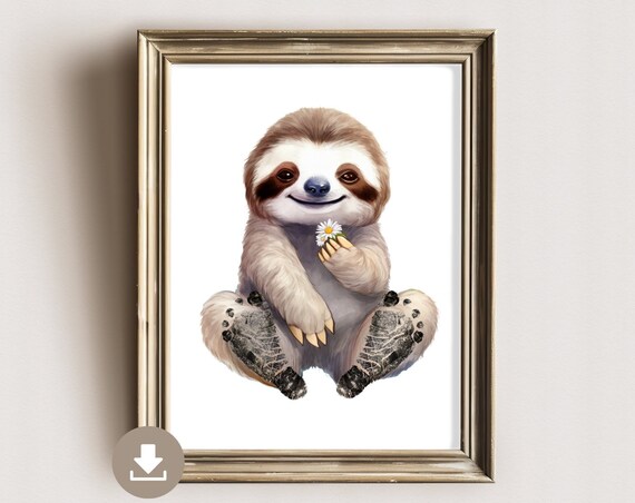 Sweet Smiling Sloth Holding Daisy Baby Footprint Keepsake Poster
