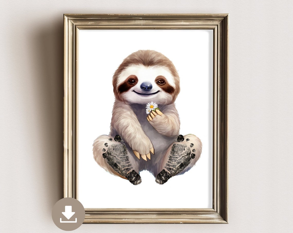 Sweet Smiling Sloth Holding Daisy Baby Footprint Keepsake Poster