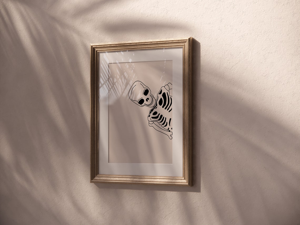 Minimalist Skeleton Line Drawing Black White Halloween Art Poster - Image 4