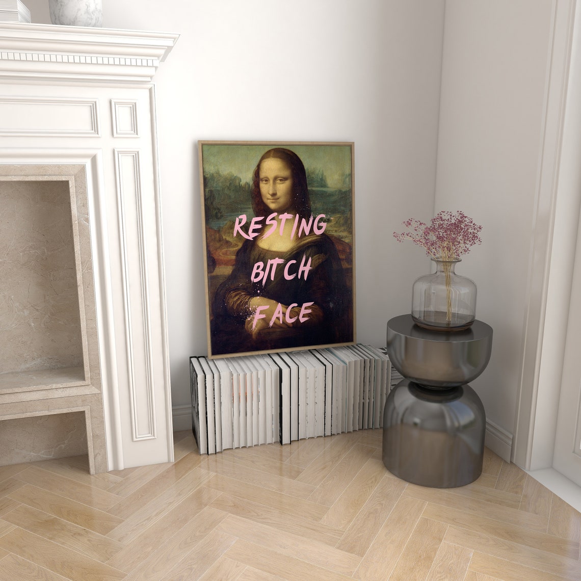 Funny Mona Lisa Resting Bitch Face Pink Text Altered Art Poster - Image 3
