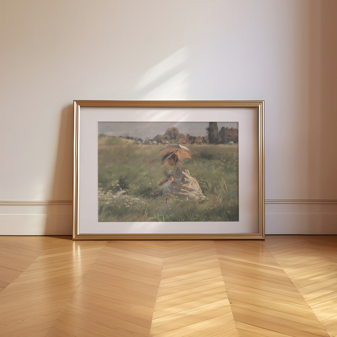 French Countryside Woman with Parasol in Meadow Vintage Poster - Image 3
