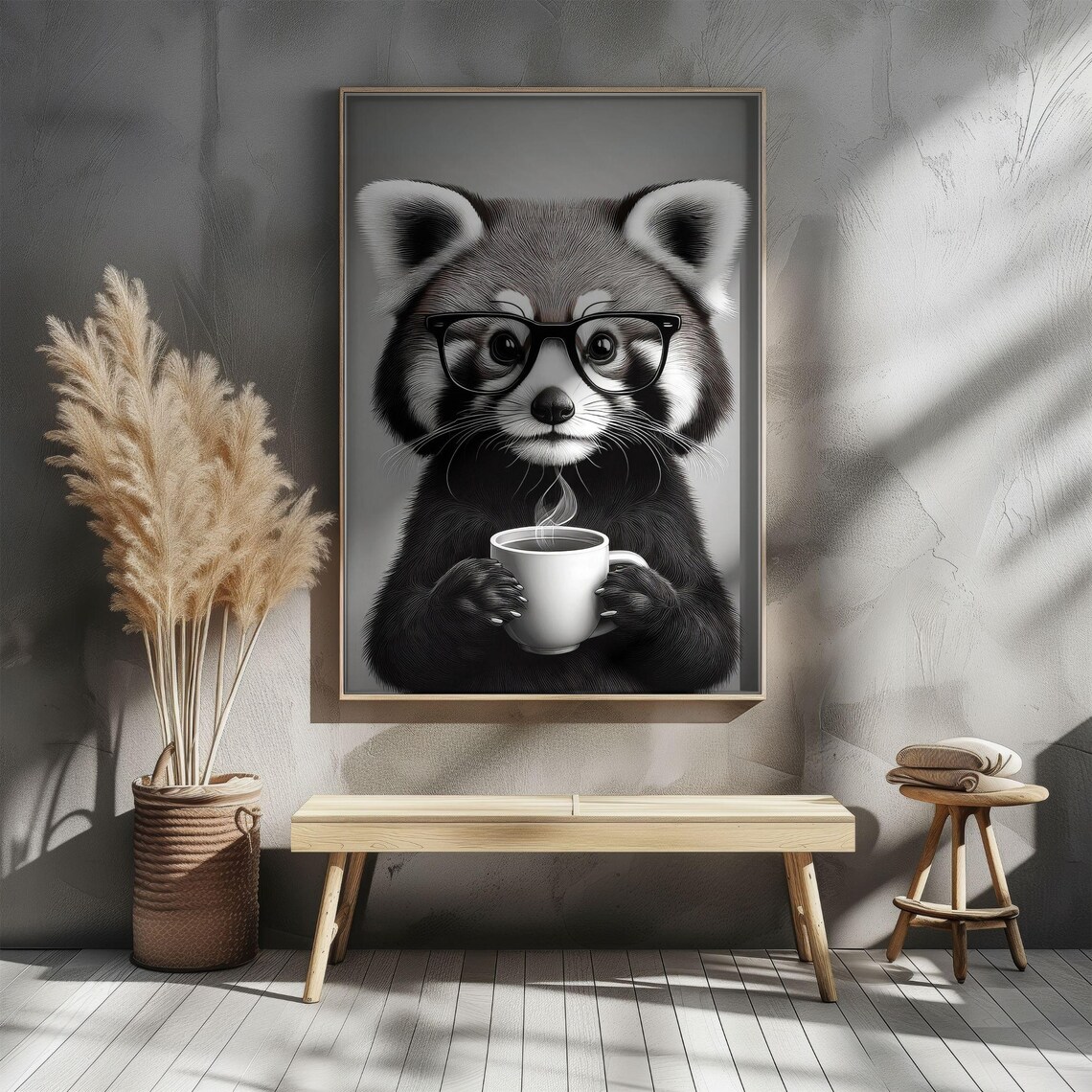 Panda Animal Drinking Coffee, Vintage Poster