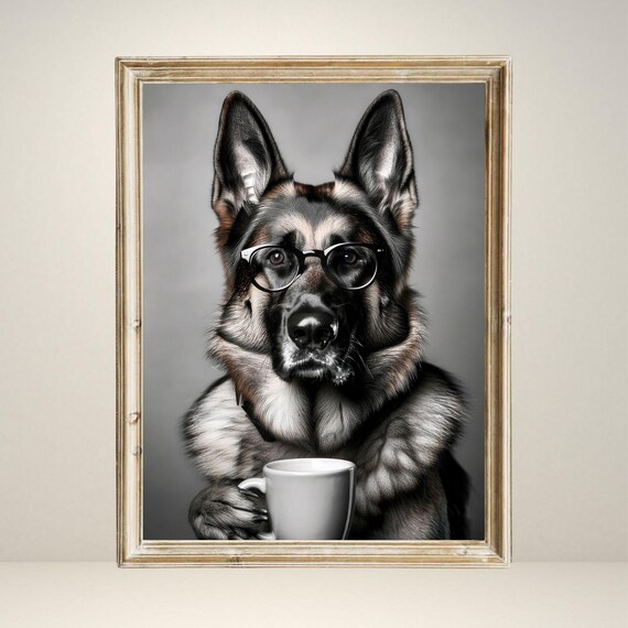 German Shepherd Drinking Coffee - Funny Print