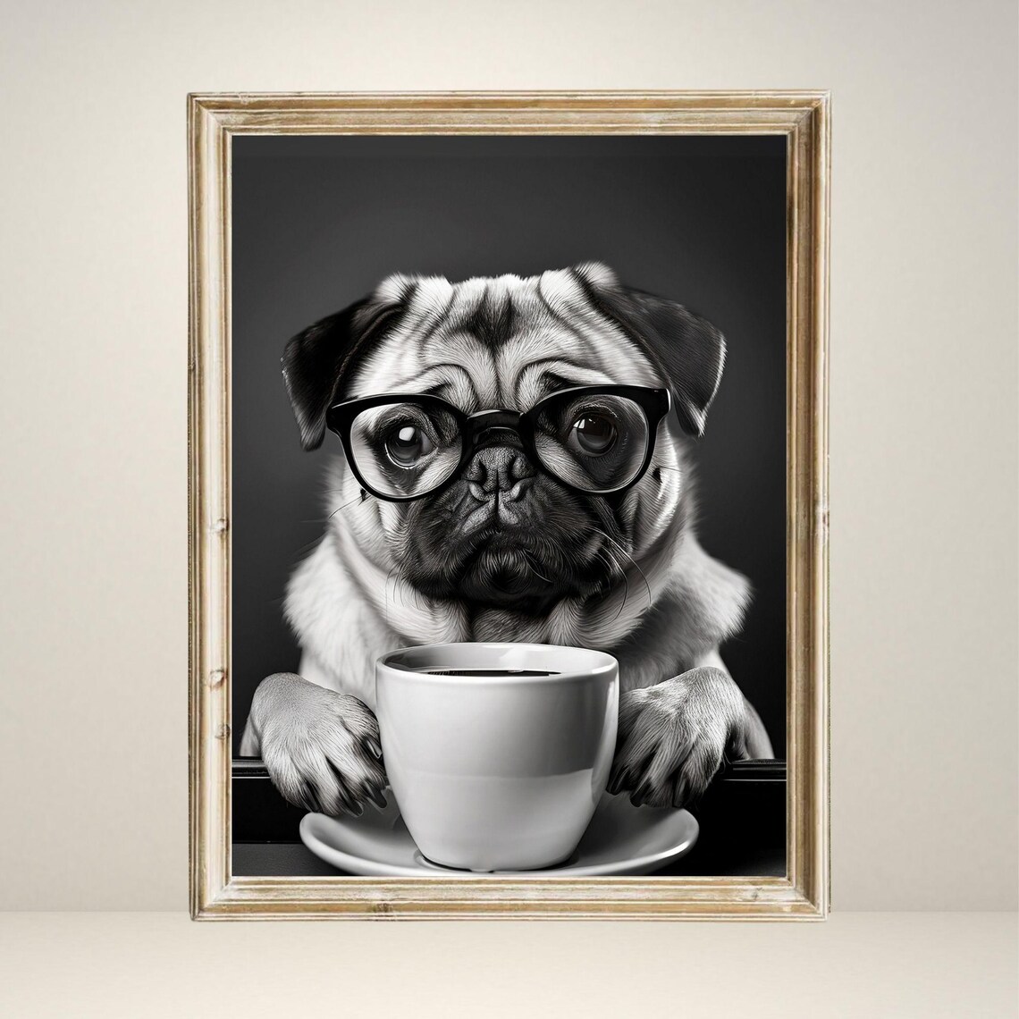 Pug Dog Drinking Coffee, Retro Coffee Lover Poster - Image 2