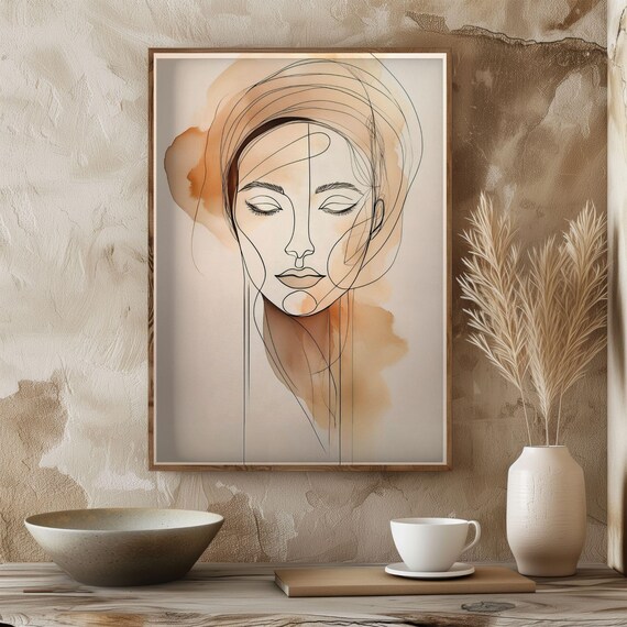 Minimal Line Art Woman Portrait, Abstract Watercolor