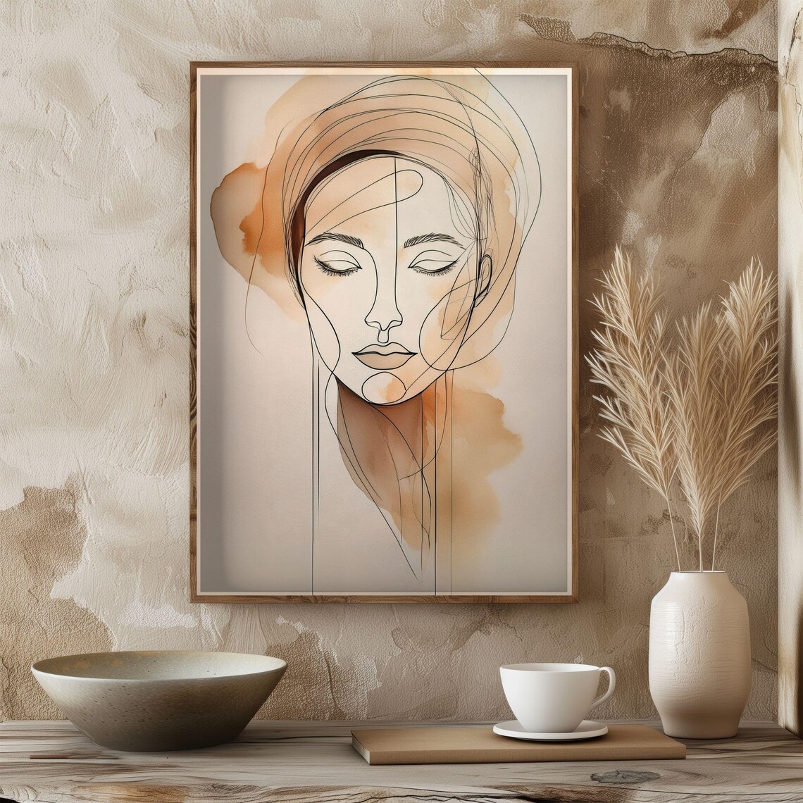 Minimal Line Art Woman Portrait, Abstract Watercolor