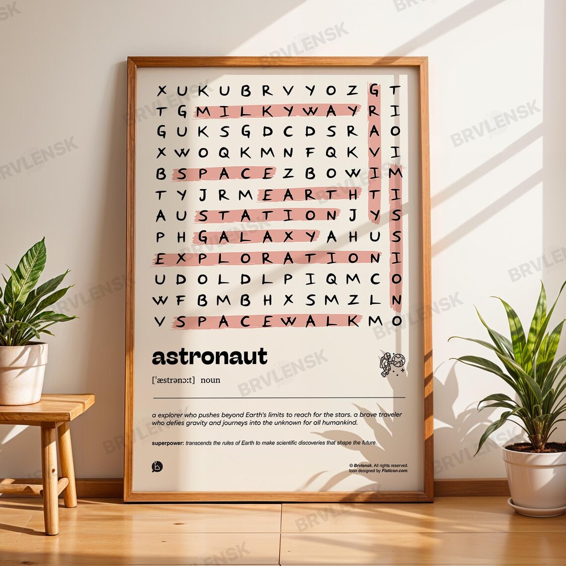 Astronaut Word Search, Minimalist Science Wall Decor