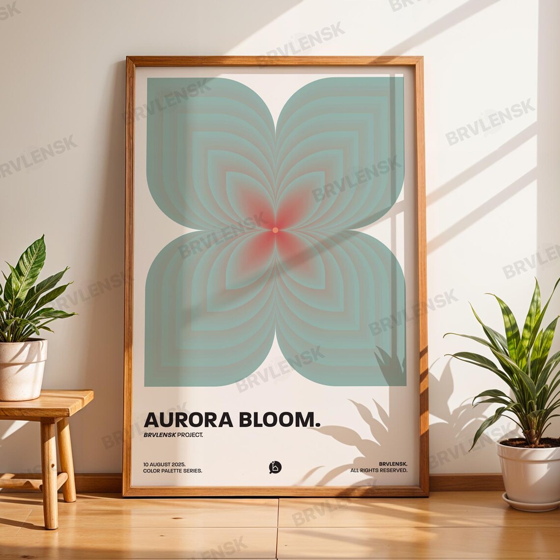 Aurora Bloom Teal Geometric Flower 70s Retro Op Art Modern Poster