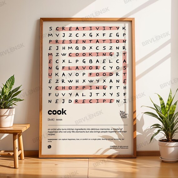 Cook Word Search Poster Kitchen Definition Print Modern Home Wall Art Minimalist Cooking Decor