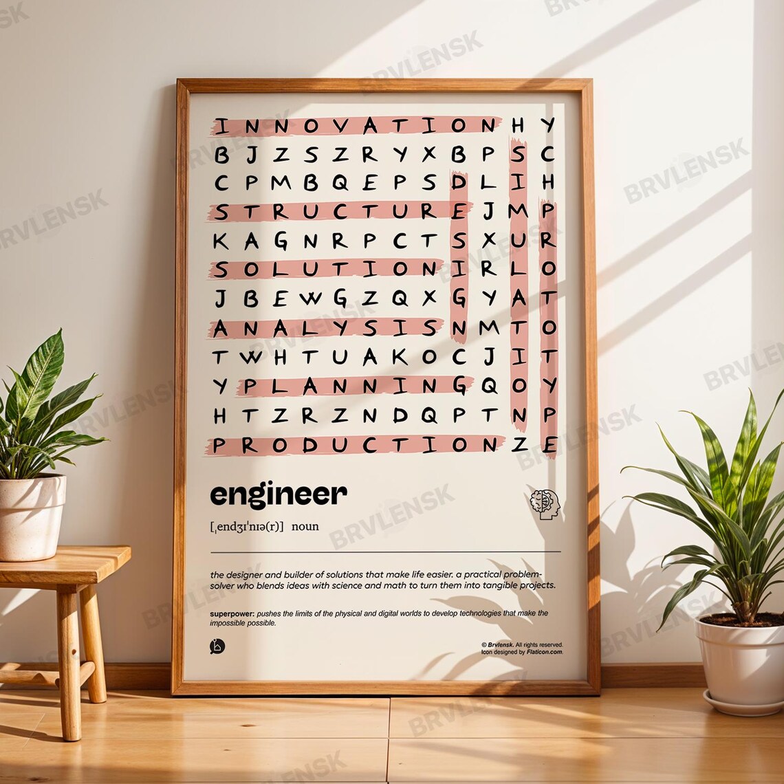 Engineer Word Search Poster Modern Definition Wall Art Print Graduation Office Decor