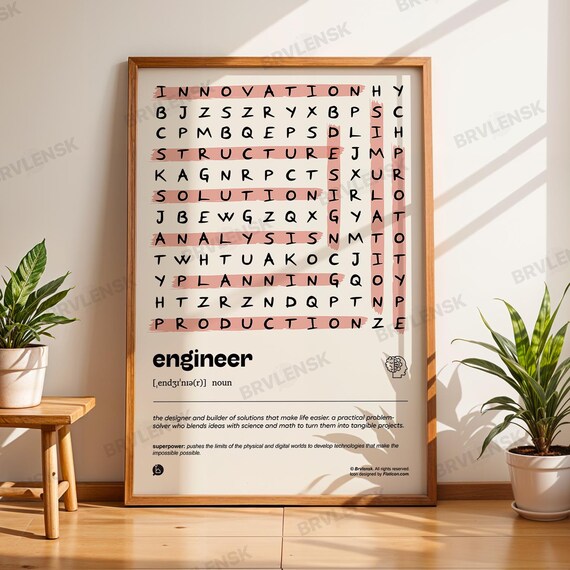Engineer Word Search Poster Modern Definition Wall Art Print Graduation Office Decor