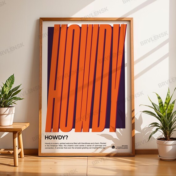 Howdy Poster Retro Western Wall Art Mid Century Modern Print Swiss Design Typography