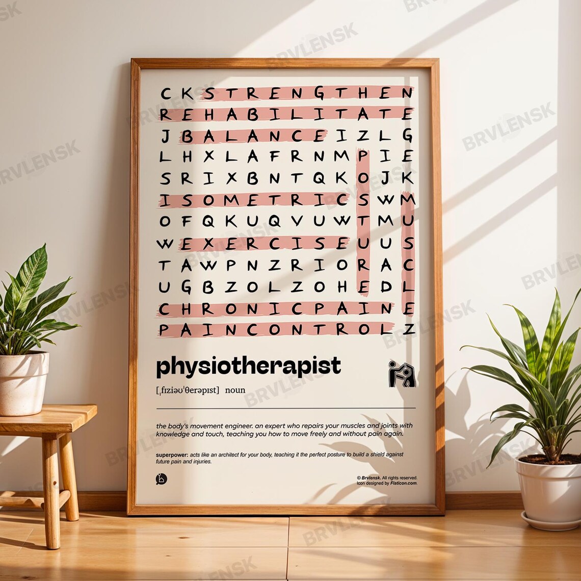 Physiotherapist Definition Word Search Gift Physical Therapy Decor Poster