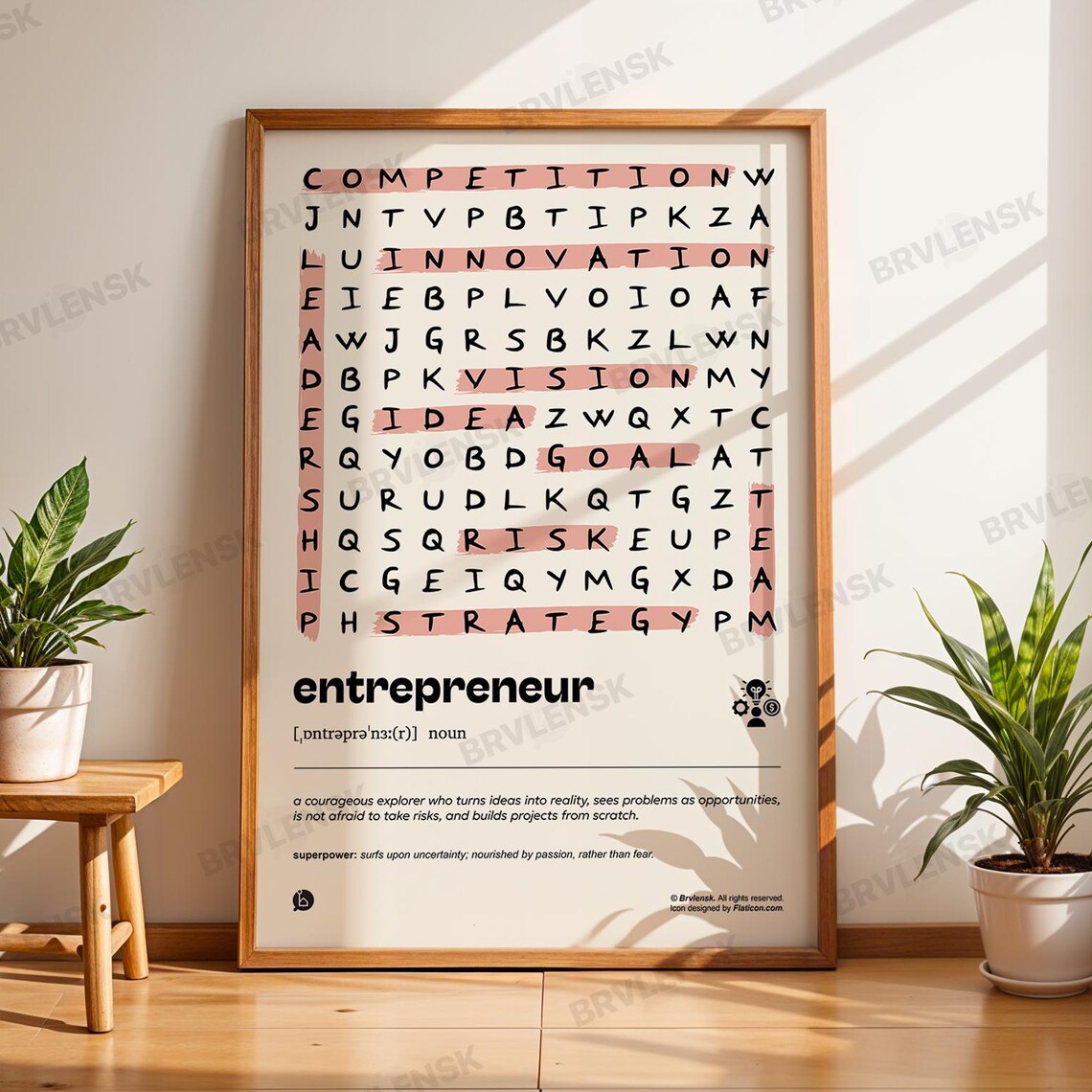 Entrepreneur Word Search Poster Business Definition Print Modern Startup Gift Office Wall Decor