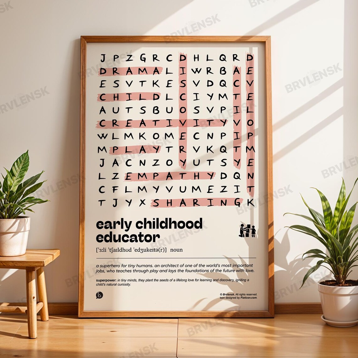 Early Childhood Educator Word Search Poster Definition Wall Art Print Teacher Appreciation Gift