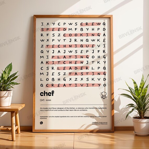 Chef Definition Poster Kitchen Word Search Print Dining Room Wall Art Culinary School Gift