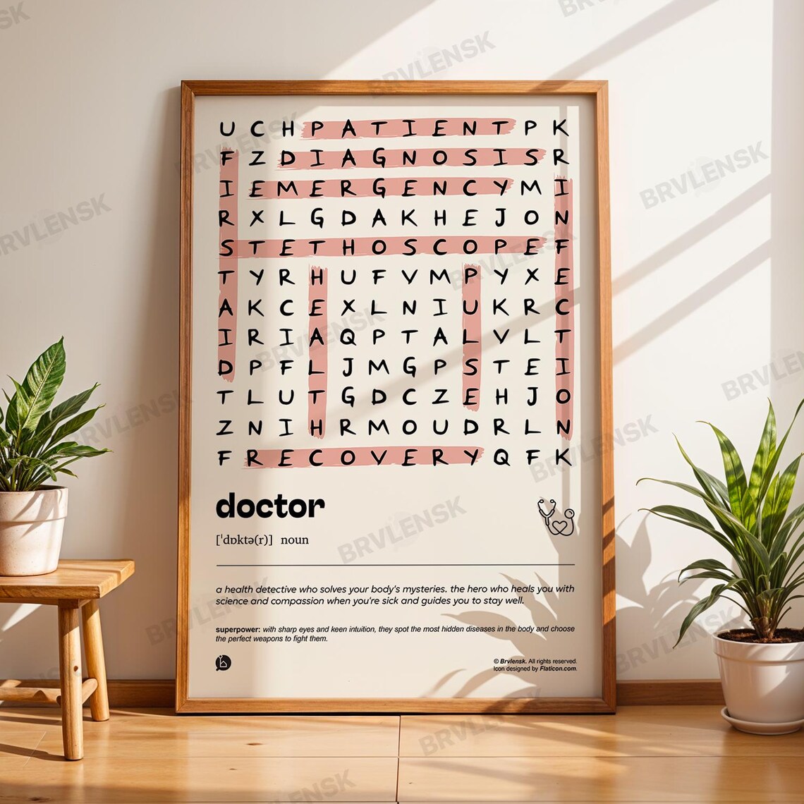 Doctor Word Search Poster Print, Minimalist Decor