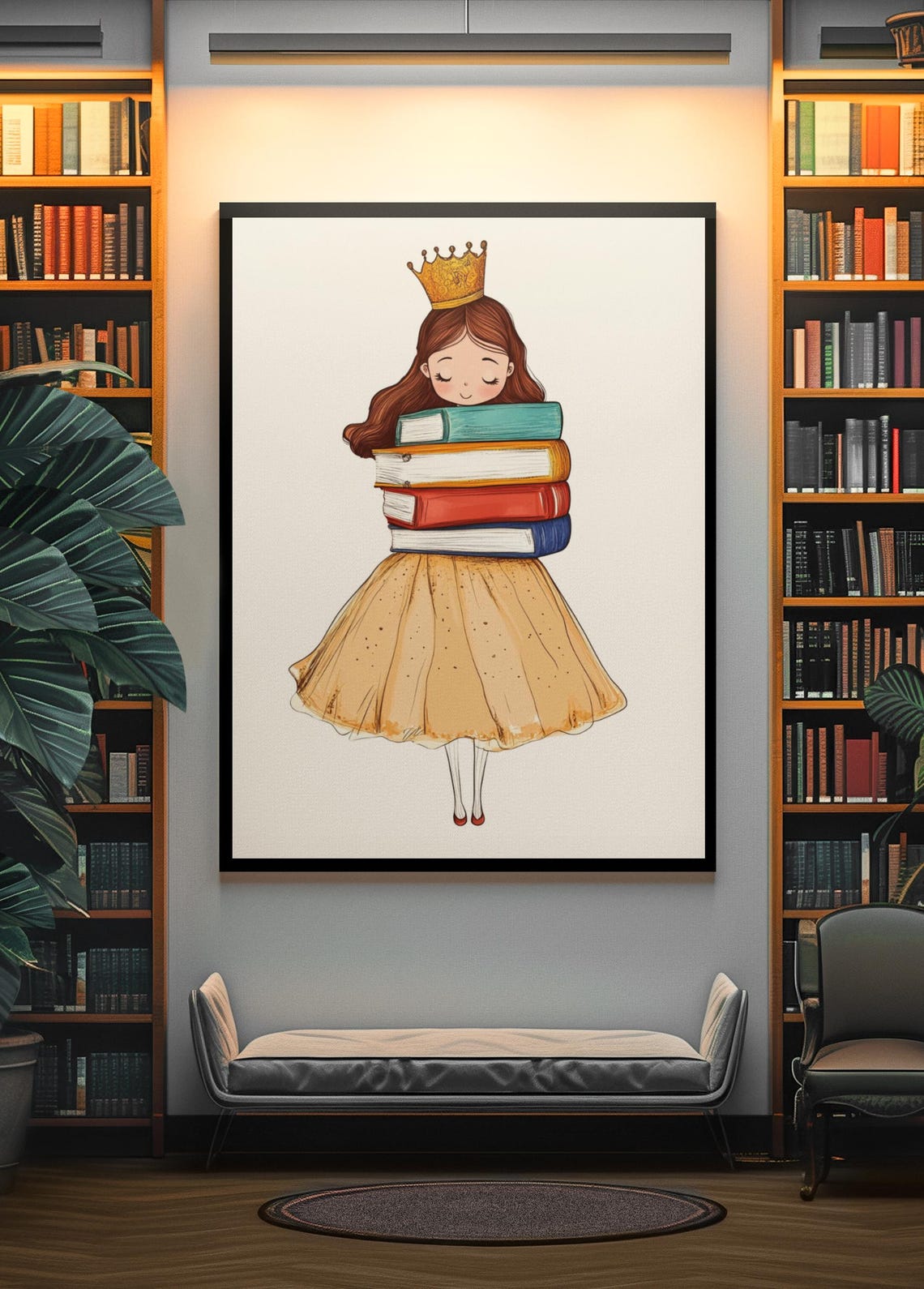 Sleepy Princess With Crown Resting On Books Nursery Decor Poster - Image 3