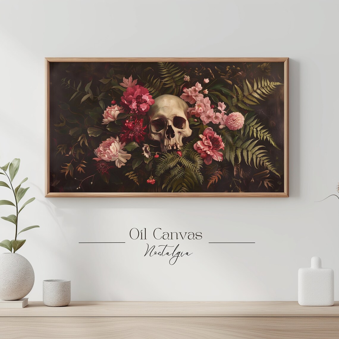 Skull Among Pink Blossoms And Ferns Dark Academia Floral Gothic Vintage Art Poster - Image 3