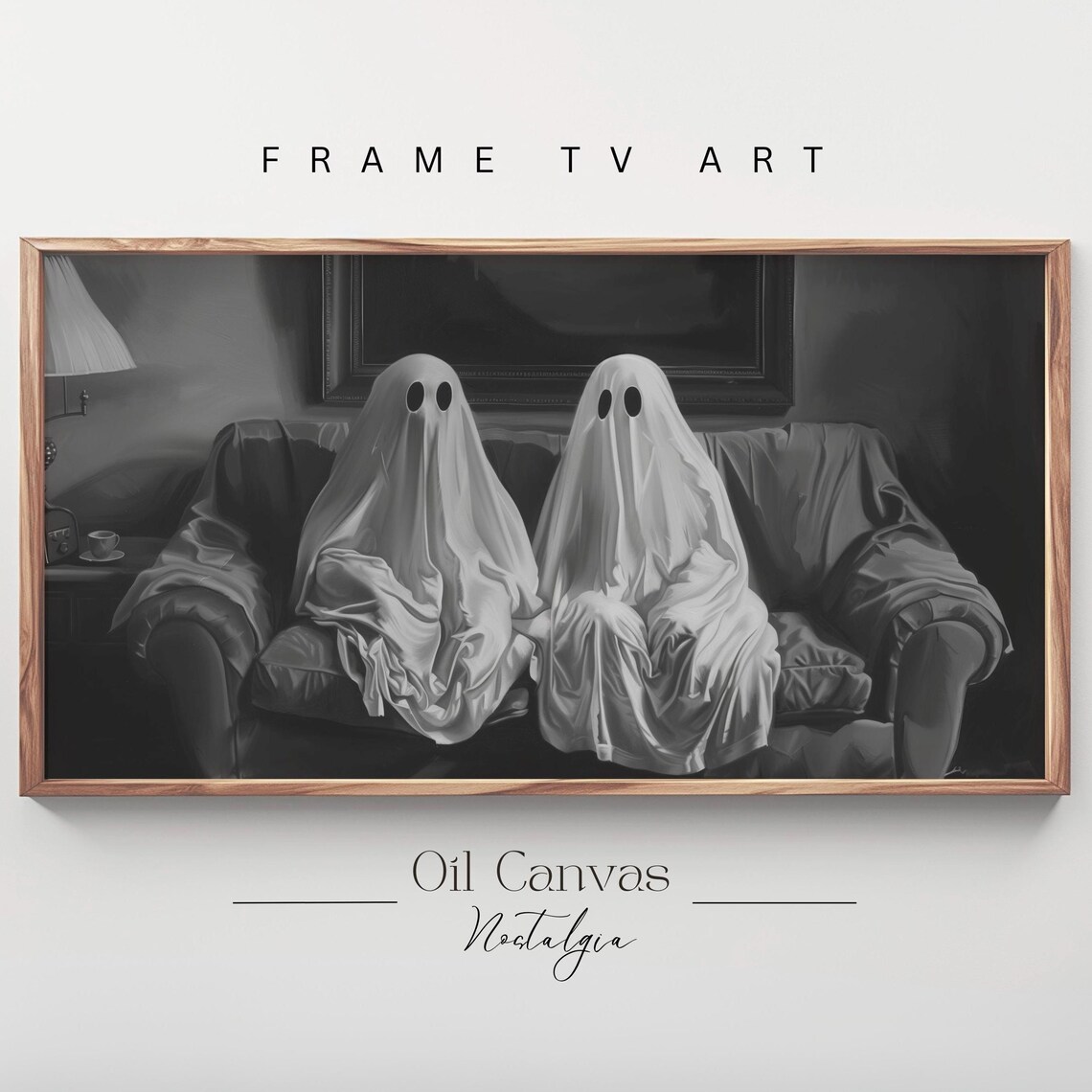 Spooky Ghosts Watching TV Vintage Couch Monochrome Halloween Art Poster