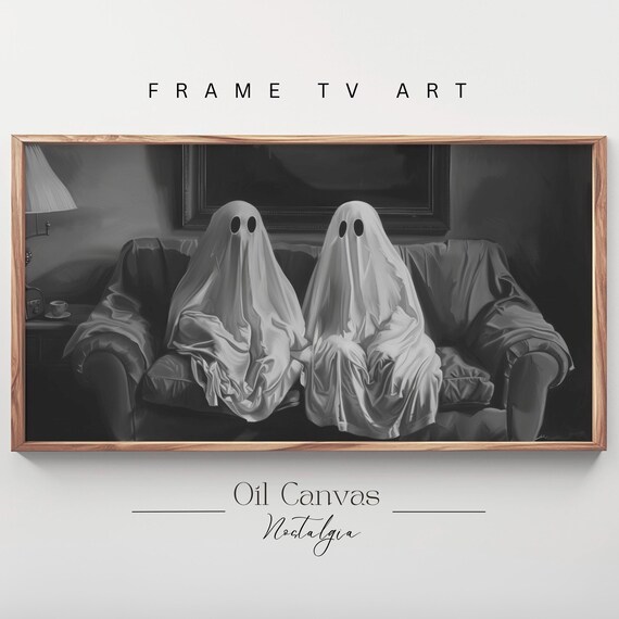 Spooky Ghosts Watching TV Vintage Couch Monochrome Halloween Art Poster