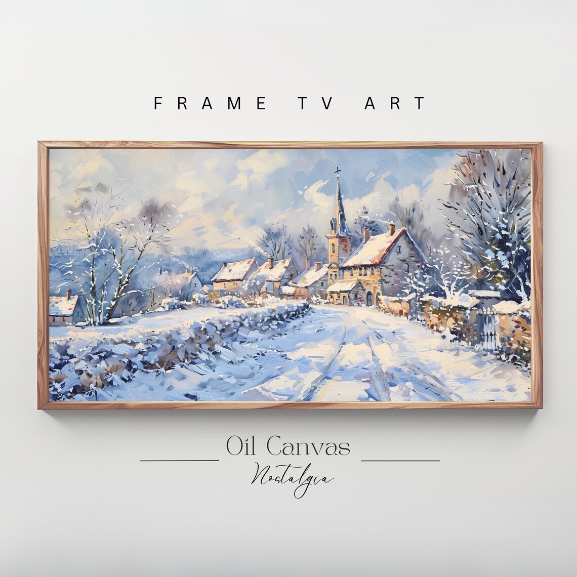 Snowy Winter Village Church Steeple Vintage Christmas Wall Art