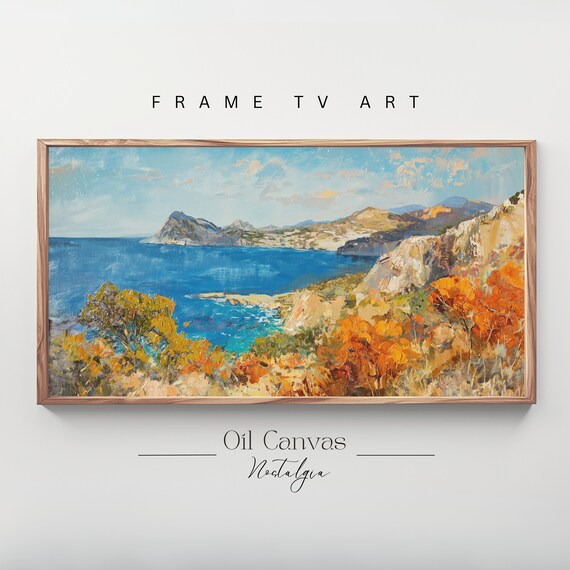 Frame Tv Art Vintage Beach Oil Painting Summer Sea Art Ocean Frame Tv Art Costal Landscape Blue Nautical Seascape