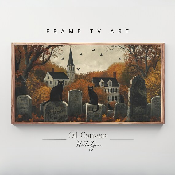 Black Cats Tombstones Autumn Graveyard Church Spire Fall Halloween Poster