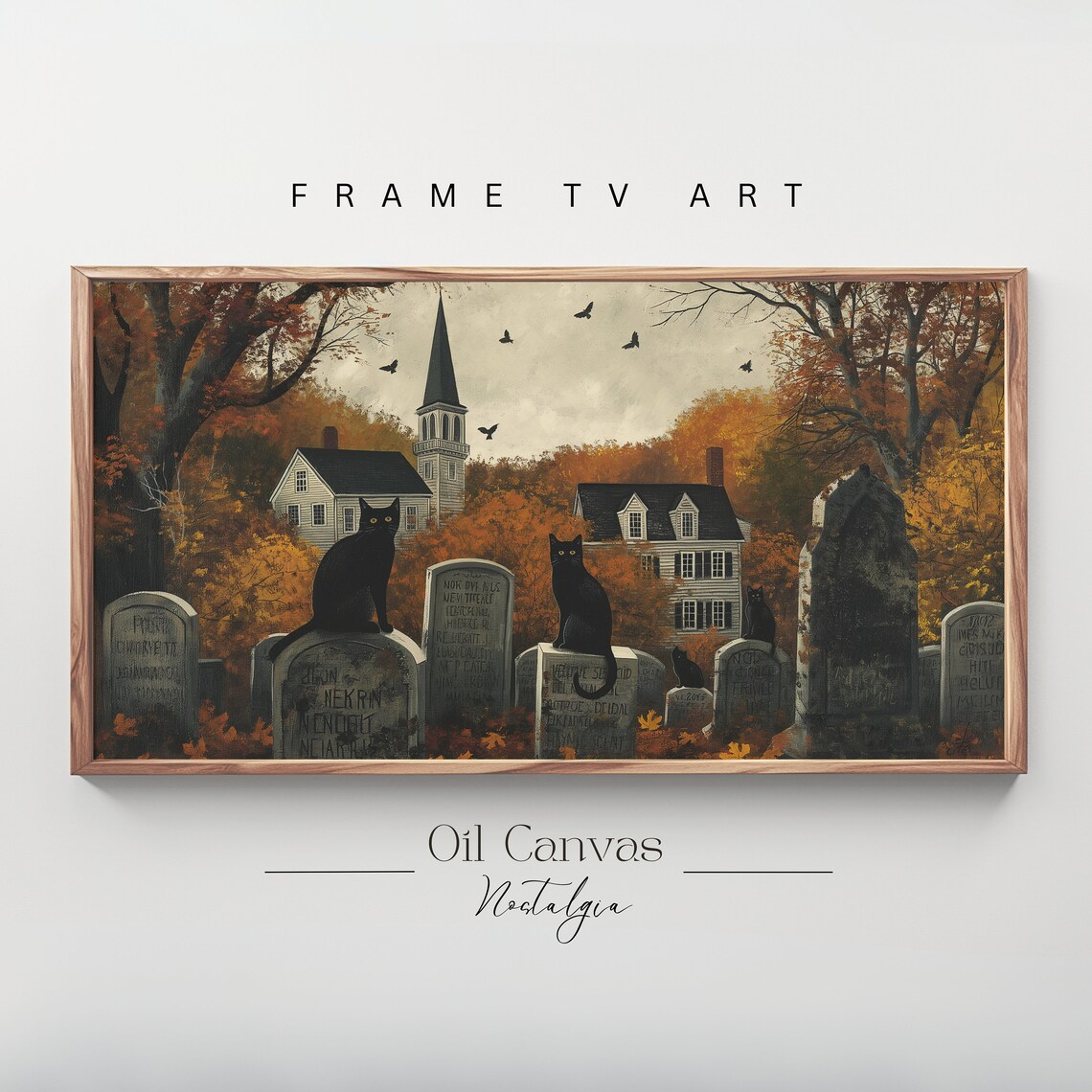 Black Cats Tombstones Autumn Graveyard Church Spire Fall Halloween Poster