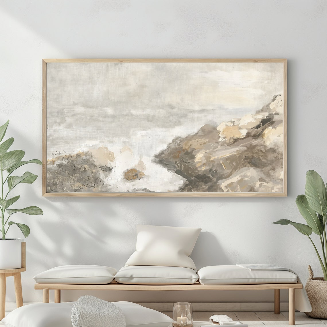 Neutral Abstract Rocky Coast Beige Waves Vintage Coastal Wall Art - Image 2