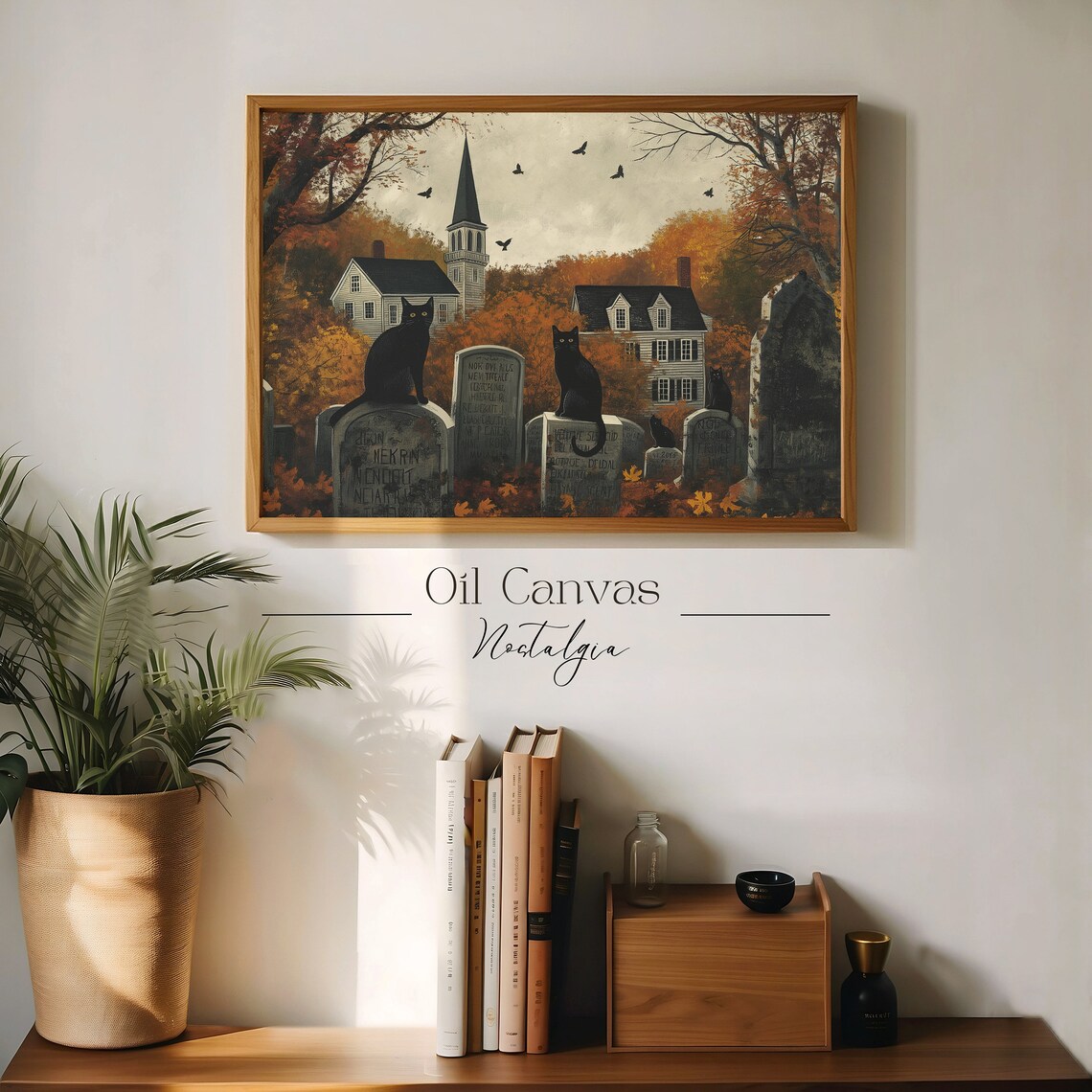 Vintage Halloween Black Cats On Gravestones Church Autumn Scene Wall Art Poster - Image 3