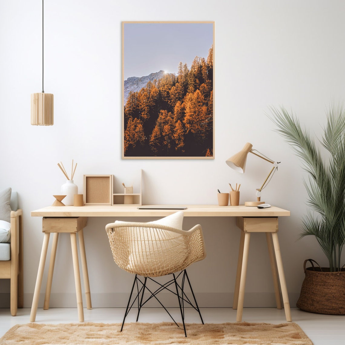 Golden Autumn Pine Forest Beneath Snowy Mountain Peak Photo Poster - Image 4