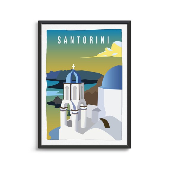 Santorini Greece Travel Poster With Blue Dome Church Sunset View Art