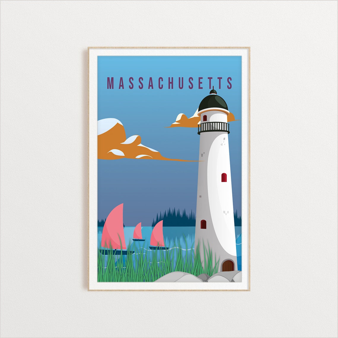 Massachusetts Lighthouse Sailboats Coastal Vintage Travel Poster - Image 2