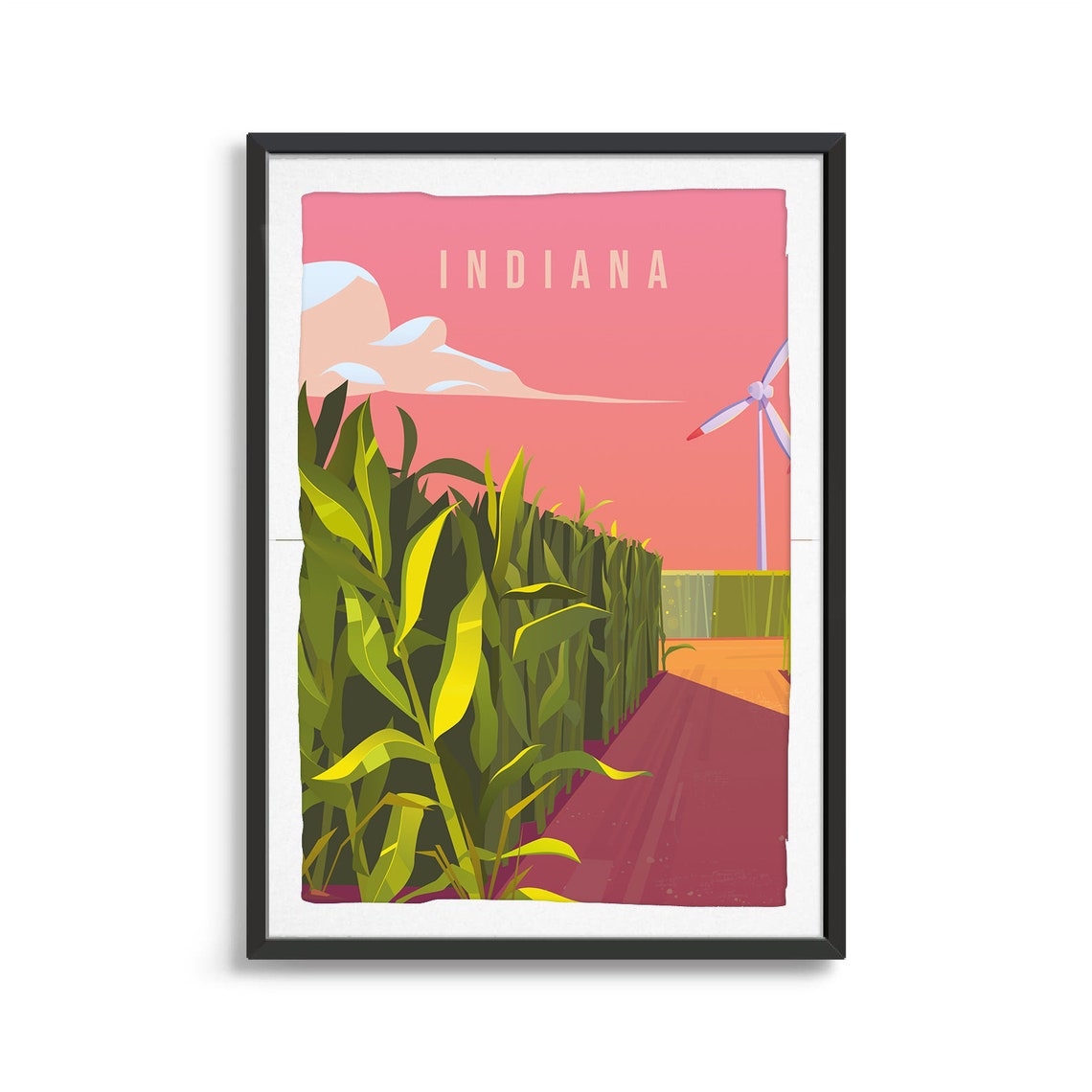 Indiana Cornfield Farm Scene Wind Turbine Sunset Travel Poster