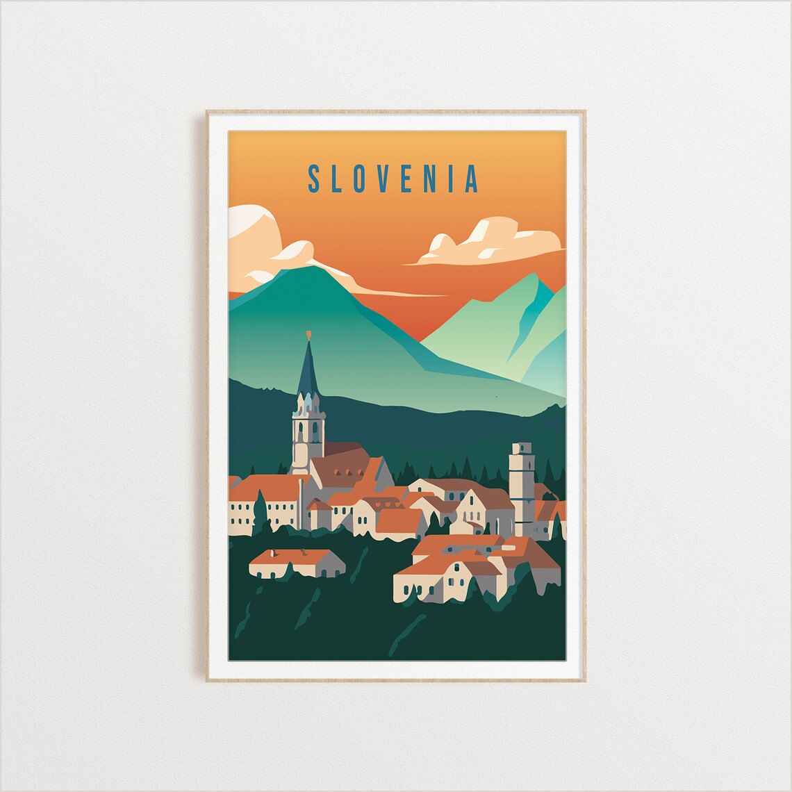 Slovenia Village Travel Poster Alpine Mountains Church Town Art - Image 2