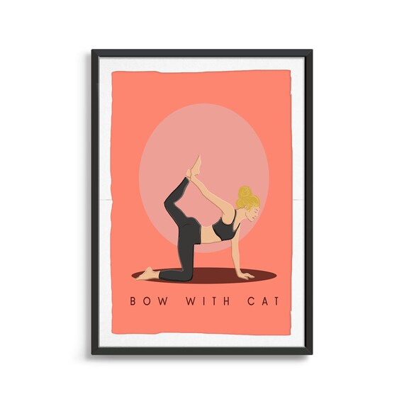 Bow With Cat Retro Yoga Backbend Sun Circle Flat Illustration Print