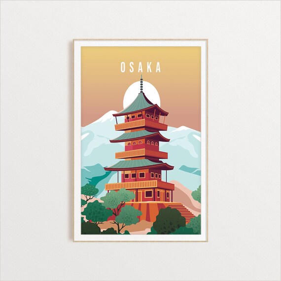 Osaka Japan Travel Poster With Red Pagoda And Mountain View Art
