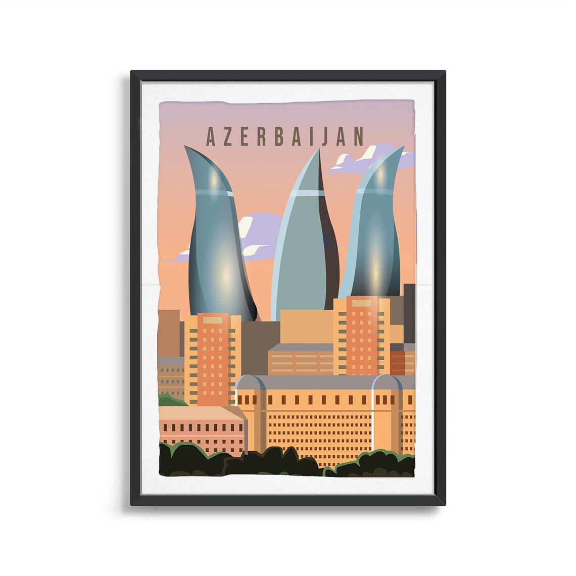 Azerbaijan Flame Towers Travel Poster Baku City Skyline Artwork - Image 2