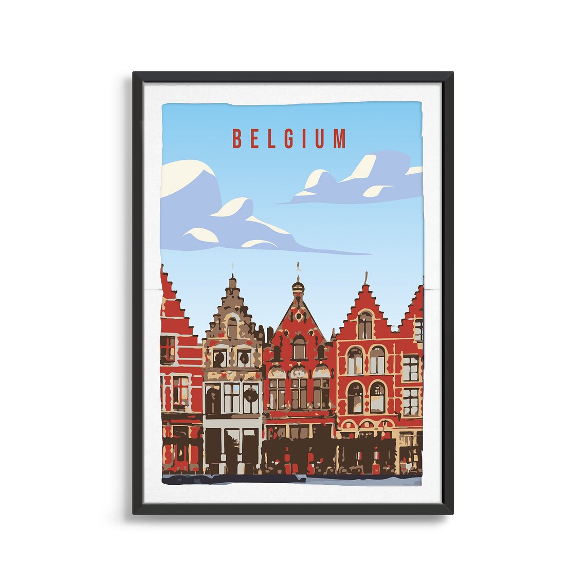 Storybook Belgium Red Brick Stepped Gable Old Town Travel Poster