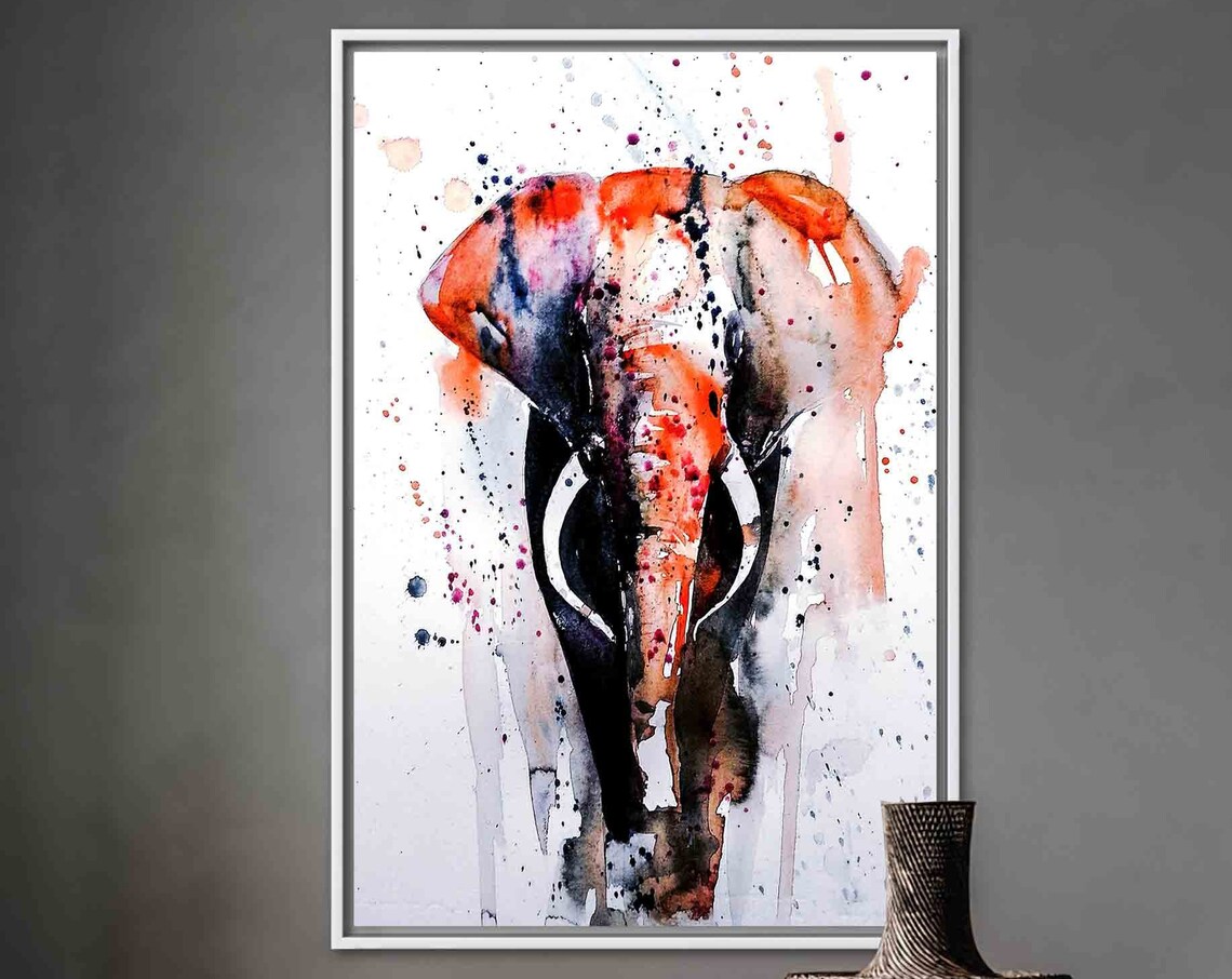 Watercolor Elephant Head Red Orange Splashes Safari Art Poster