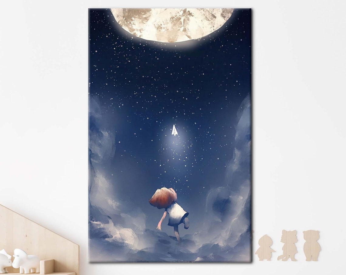 Childhood Dreams Starry Skye Art Canvas Children Wall Kids Room Cute Boy Moon