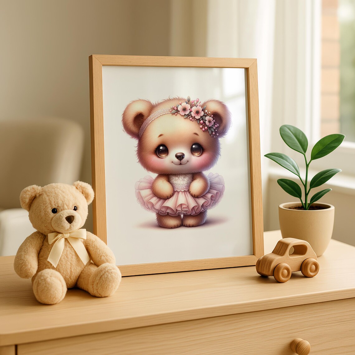 Adorable Baby Bear In Pink Tutu With Floral Headband Nursery Art Poster - Image 3