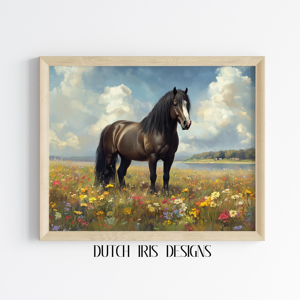 Dark Bay Horse In Wildflower Meadow By Quiet Lake Country Poster
